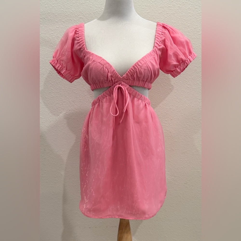 NEW Bailey Rose Organza‎ Cut Out Mini Dress Pink Small Puff Sleeve Open Side
